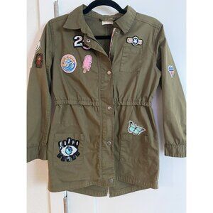 Military Jacket Coat Girls Large 14 Army Green Patches Embroidery Miki Miette